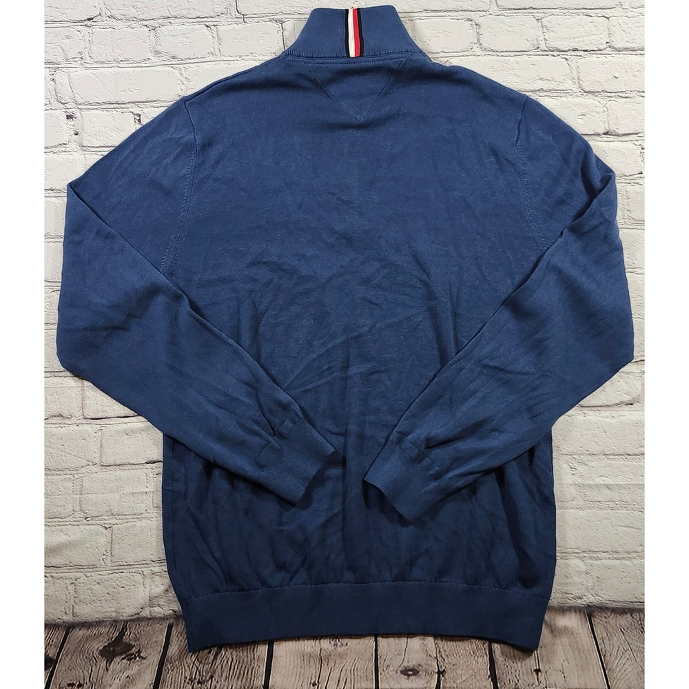 NWT Tommy Hilfiger Mens Quarter Zip Mock Neck Sweater Blue Cotton Large - Picture 3 of 7